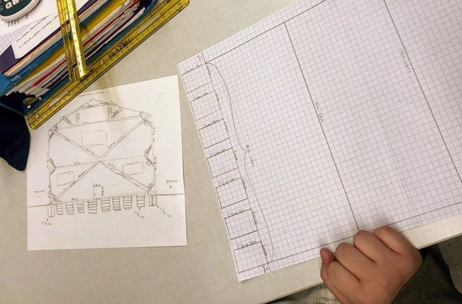 Sketch of plans for a building designed to withstand an earthquake. 