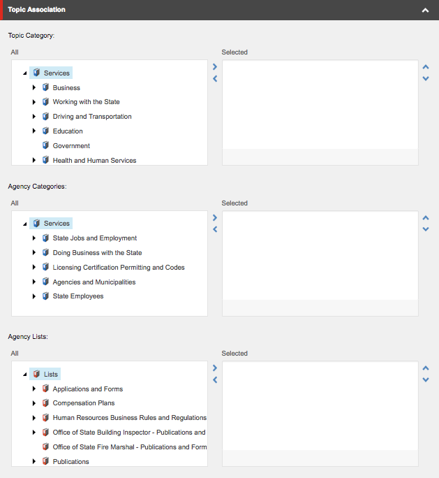 Content Editor - Topic Association area