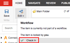 Experience Editor Ribbon Home tab - Check In